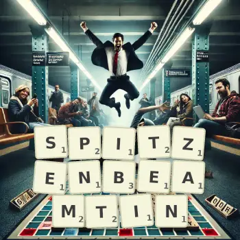 Kreative Illustration für ein Scrabble-Spiel, bei dem das Wort SPITZENBEAMTIN mit Steinen auf dem Brett gelegt wurde.