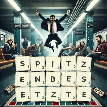 Kreative Illustration für ein Scrabble-Spiel, bei dem das Wort SPITZENBESETZTE mit Steinen auf dem Brett gelegt wurde.