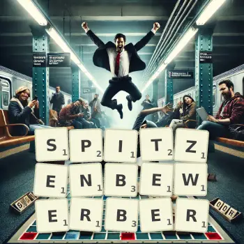 Kreative Illustration für ein Scrabble-Spiel, bei dem das Wort SPITZENBEWERBER mit Steinen auf dem Brett gelegt wurde.