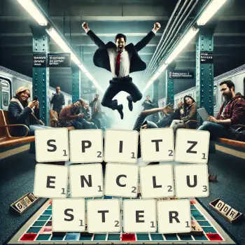 Kreative Illustration für ein Scrabble-Spiel, bei dem das Wort SPITZENCLUSTER mit Steinen auf dem Brett gelegt wurde.