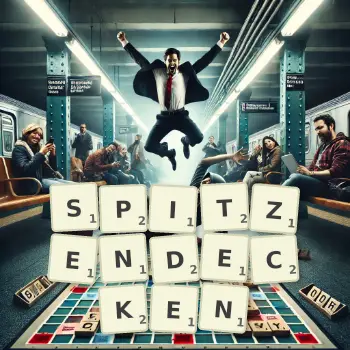 Kreative Illustration für ein Scrabble-Spiel, bei dem das Wort SPITZENDECKEN mit Steinen auf dem Brett gelegt wurde.
