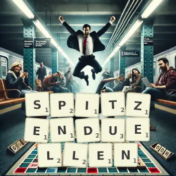 Kreative Illustration für ein Scrabble-Spiel, bei dem das Wort SPITZENDUELLEN mit Steinen auf dem Brett gelegt wurde.