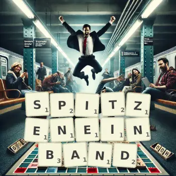 Kreative Illustration für ein Scrabble-Spiel, bei dem das Wort SPITZENEINBAND mit Steinen auf dem Brett gelegt wurde.