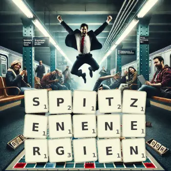 Kreative Illustration für ein Scrabble-Spiel, bei dem das Wort SPITZENENERGIEN mit Steinen auf dem Brett gelegt wurde.