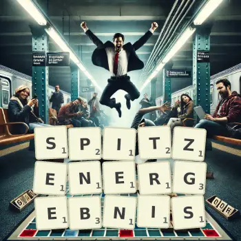 Kreative Illustration für ein Scrabble-Spiel, bei dem das Wort SPITZENERGEBNIS mit Steinen auf dem Brett gelegt wurde.