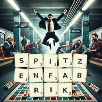 Kreative Illustration für ein Scrabble-Spiel, bei dem das Wort SPITZENFABRIK mit Steinen auf dem Brett gelegt wurde.