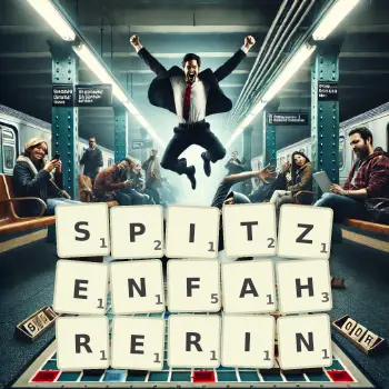 Kreative Illustration für ein Scrabble-Spiel, bei dem das Wort SPITZENFAHRERIN mit Steinen auf dem Brett gelegt wurde.