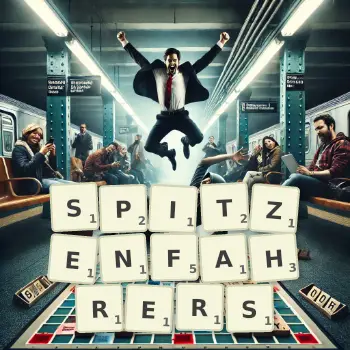 Kreative Illustration für ein Scrabble-Spiel, bei dem das Wort SPITZENFAHRERS mit Steinen auf dem Brett gelegt wurde.