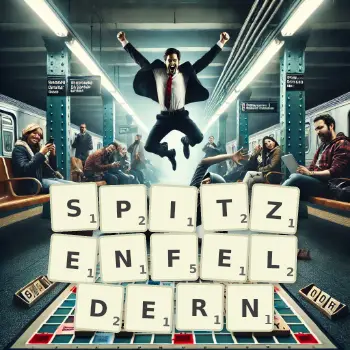 Kreative Illustration für ein Scrabble-Spiel, bei dem das Wort SPITZENFELDERN mit Steinen auf dem Brett gelegt wurde.