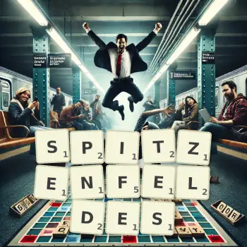 Kreative Illustration für ein Scrabble-Spiel, bei dem das Wort SPITZENFELDES mit Steinen auf dem Brett gelegt wurde.