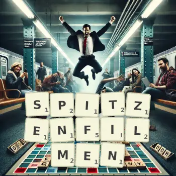 Kreative Illustration für ein Scrabble-Spiel, bei dem das Wort SPITZENFILMEN mit Steinen auf dem Brett gelegt wurde.