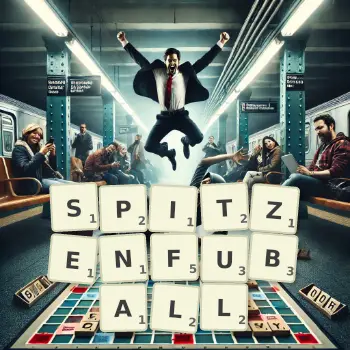 Kreative Illustration für ein Scrabble-Spiel, bei dem das Wort SPITZENFUBALL mit Steinen auf dem Brett gelegt wurde.