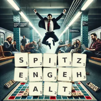 Kreative Illustration für ein Scrabble-Spiel, bei dem das Wort SPITZENGEHALT mit Steinen auf dem Brett gelegt wurde.