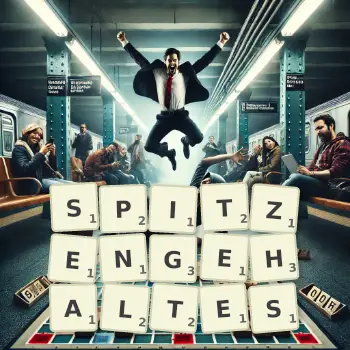 Kreative Illustration für ein Scrabble-Spiel, bei dem das Wort SPITZENGEHALTES mit Steinen auf dem Brett gelegt wurde.