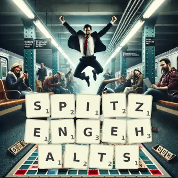 Kreative Illustration für ein Scrabble-Spiel, bei dem das Wort SPITZENGEHALTS mit Steinen auf dem Brett gelegt wurde.