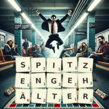 Kreative Illustration für ein Scrabble-Spiel, bei dem das Wort SPITZENGEHÄLTER mit Steinen auf dem Brett gelegt wurde.