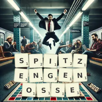 Kreative Illustration für ein Scrabble-Spiel, bei dem das Wort SPITZENGENOSSE mit Steinen auf dem Brett gelegt wurde.