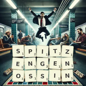 Kreative Illustration für ein Scrabble-Spiel, bei dem das Wort SPITZENGENOSSIN mit Steinen auf dem Brett gelegt wurde.