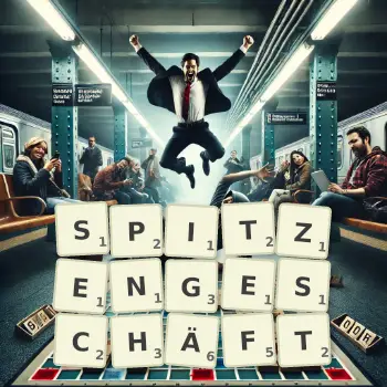 Kreative Illustration für ein Scrabble-Spiel, bei dem das Wort SPITZENGESCHÄFT mit Steinen auf dem Brett gelegt wurde.