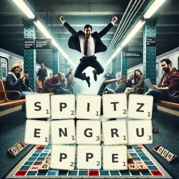 Kreative Illustration für ein Scrabble-Spiel, bei dem das Wort SPITZENGRUPPE mit Steinen auf dem Brett gelegt wurde.