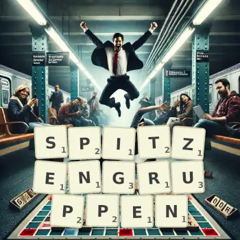 Kreative Illustration für ein Scrabble-Spiel, bei dem das Wort SPITZENGRUPPEN mit Steinen auf dem Brett gelegt wurde.