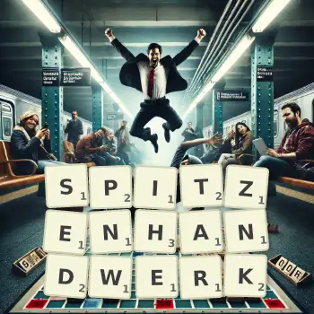 Kreative Illustration für ein Scrabble-Spiel, bei dem das Wort SPITZENHANDWERK mit Steinen auf dem Brett gelegt wurde.