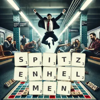 Kreative Illustration für ein Scrabble-Spiel, bei dem das Wort SPITZENHELMEN mit Steinen auf dem Brett gelegt wurde.