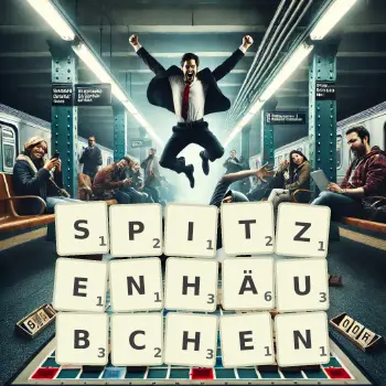 Kreative Illustration für ein Scrabble-Spiel, bei dem das Wort SPITZENHÄUBCHEN mit Steinen auf dem Brett gelegt wurde.