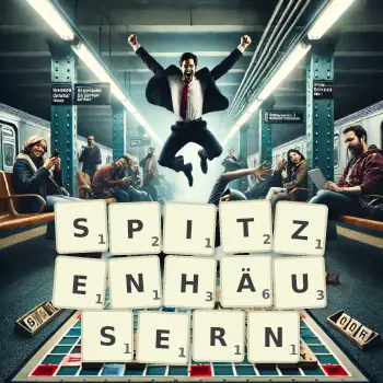 Kreative Illustration für ein Scrabble-Spiel, bei dem das Wort SPITZENHÄUSERN mit Steinen auf dem Brett gelegt wurde.