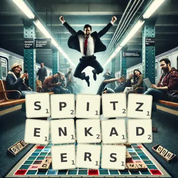 Kreative Illustration für ein Scrabble-Spiel, bei dem das Wort SPITZENKADERS mit Steinen auf dem Brett gelegt wurde.