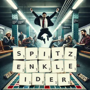 Kreative Illustration für ein Scrabble-Spiel, bei dem das Wort SPITZENKLEIDER mit Steinen auf dem Brett gelegt wurde.