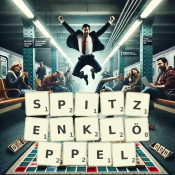 Kreative Illustration für ein Scrabble-Spiel, bei dem das Wort SPITZENKLÖPPEL mit Steinen auf dem Brett gelegt wurde.