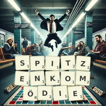 Kreative Illustration für ein Scrabble-Spiel, bei dem das Wort SPITZENKOMÖDIE mit Steinen auf dem Brett gelegt wurde.