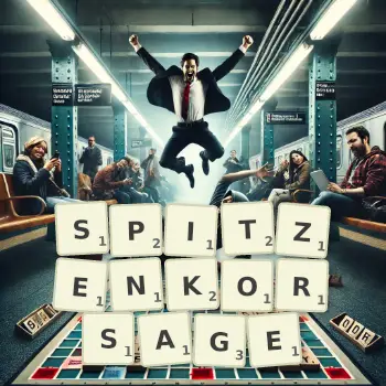 Kreative Illustration für ein Scrabble-Spiel, bei dem das Wort SPITZENKORSAGE mit Steinen auf dem Brett gelegt wurde.