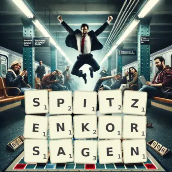 Kreative Illustration für ein Scrabble-Spiel, bei dem das Wort SPITZENKORSAGEN mit Steinen auf dem Brett gelegt wurde.