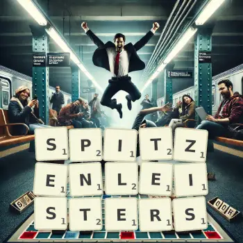 Kreative Illustration für ein Scrabble-Spiel, bei dem das Wort SPITZENLEISTERS mit Steinen auf dem Brett gelegt wurde.