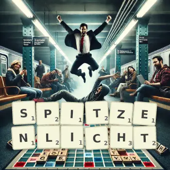 Kreative Illustration für ein Scrabble-Spiel, bei dem das Wort SPITZENLICHT mit Steinen auf dem Brett gelegt wurde.