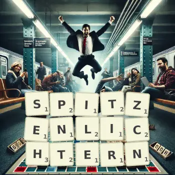 Kreative Illustration für ein Scrabble-Spiel, bei dem das Wort SPITZENLICHTERN mit Steinen auf dem Brett gelegt wurde.