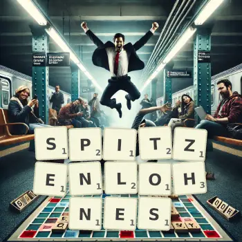 Kreative Illustration für ein Scrabble-Spiel, bei dem das Wort SPITZENLOHNES mit Steinen auf dem Brett gelegt wurde.
