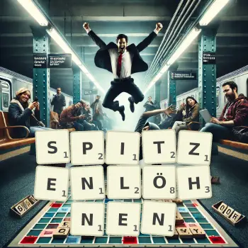 Kreative Illustration für ein Scrabble-Spiel, bei dem das Wort SPITZENLÖHNEN mit Steinen auf dem Brett gelegt wurde.