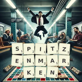 Kreative Illustration für ein Scrabble-Spiel, bei dem das Wort SPITZENMARKEN mit Steinen auf dem Brett gelegt wurde.