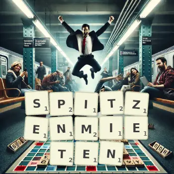 Kreative Illustration für ein Scrabble-Spiel, bei dem das Wort SPITZENMIETEN mit Steinen auf dem Brett gelegt wurde.