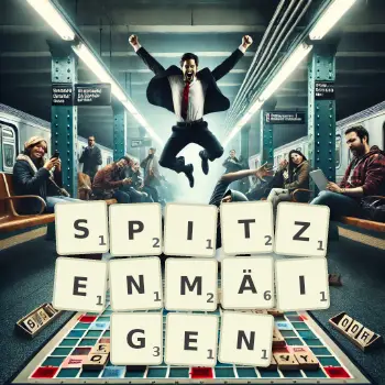 Kreative Illustration für ein Scrabble-Spiel, bei dem das Wort SPITZENMÄIGEN mit Steinen auf dem Brett gelegt wurde.