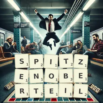 Kreative Illustration für ein Scrabble-Spiel, bei dem das Wort SPITZENOBERTEIL mit Steinen auf dem Brett gelegt wurde.