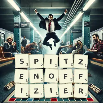 Kreative Illustration für ein Scrabble-Spiel, bei dem das Wort SPITZENOFFIZIER mit Steinen auf dem Brett gelegt wurde.