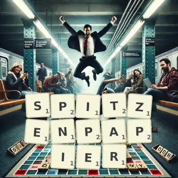 Kreative Illustration für ein Scrabble-Spiel, bei dem das Wort SPITZENPAPIER mit Steinen auf dem Brett gelegt wurde.