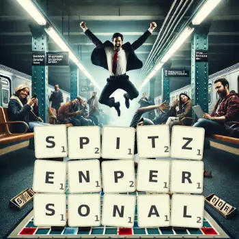 Kreative Illustration für ein Scrabble-Spiel, bei dem das Wort SPITZENPERSONAL mit Steinen auf dem Brett gelegt wurde.