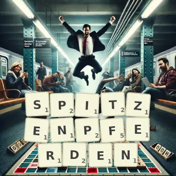 Kreative Illustration für ein Scrabble-Spiel, bei dem das Wort SPITZENPFERDEN mit Steinen auf dem Brett gelegt wurde.