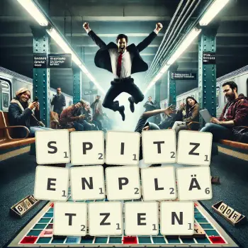 Kreative Illustration für ein Scrabble-Spiel, bei dem das Wort SPITZENPLÄTZEN mit Steinen auf dem Brett gelegt wurde.