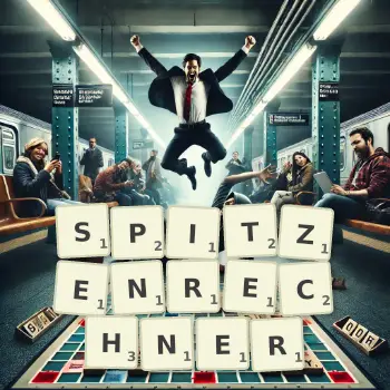 Kreative Illustration für ein Scrabble-Spiel, bei dem das Wort SPITZENRECHNER mit Steinen auf dem Brett gelegt wurde.